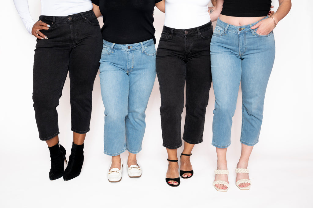 4 different size models wearing Miriam Mid Rise Straight Crop Jeans in Washed Black and Light Blue colors